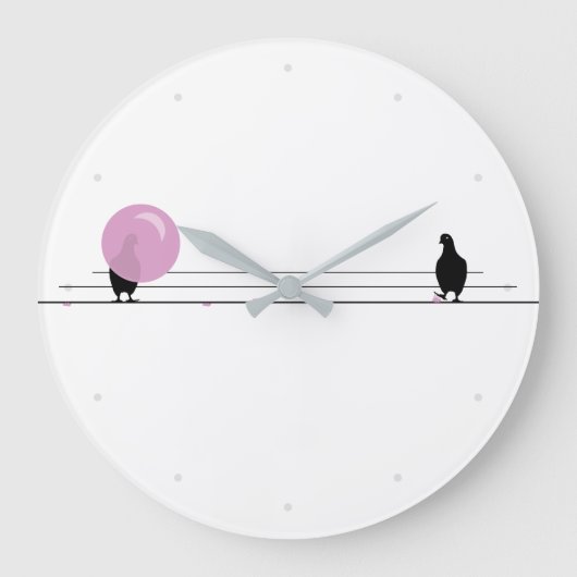 白おもしろい線の上にかわいいピンクのバブルガムの鳥 ラージ壁時計 (正面)