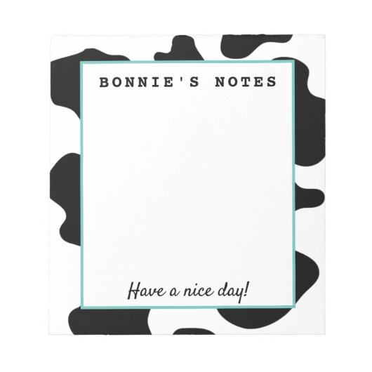 白おもしろい黒の牛のカスタム斑点書 ノートパッド (正面)