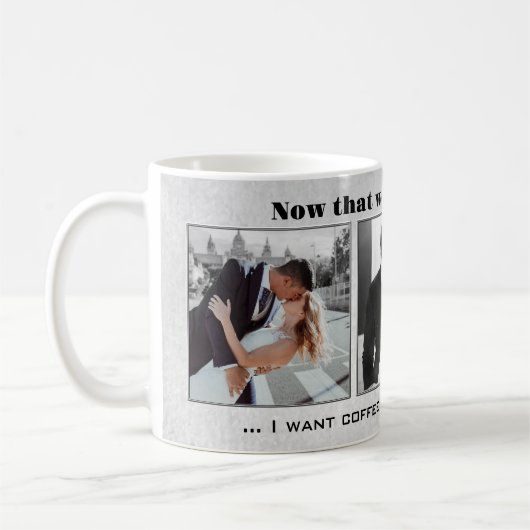 白おもしろい黒の結婚写真マググ コーヒーマグカップ (左)