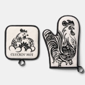 白おもしろい黒チキン 鍋つかみ&鍋敷きセット (正面)