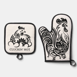 白おもしろい黒チキン 鍋つかみ&鍋敷きセット