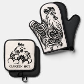 白おもしろい黒チキン 鍋つかみ&鍋敷きセット (正面/裏面)