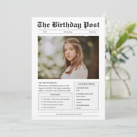 白おもしろい黒新聞の10代の誕生日 招待状 (スタンド正面)