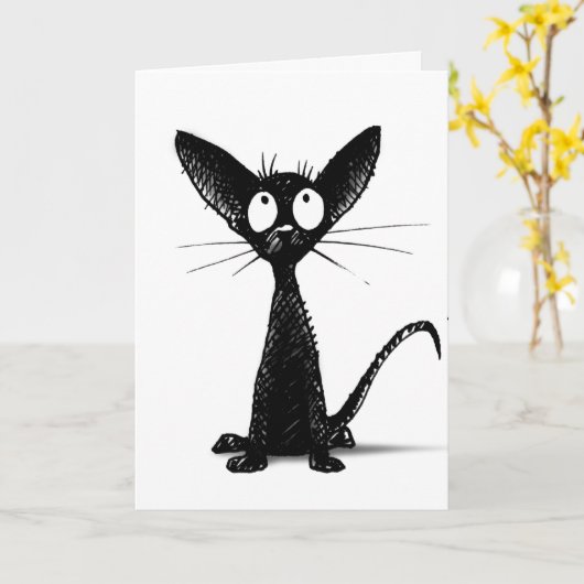 白おもしろい黒猫アートカスタム カード (黄色い花)