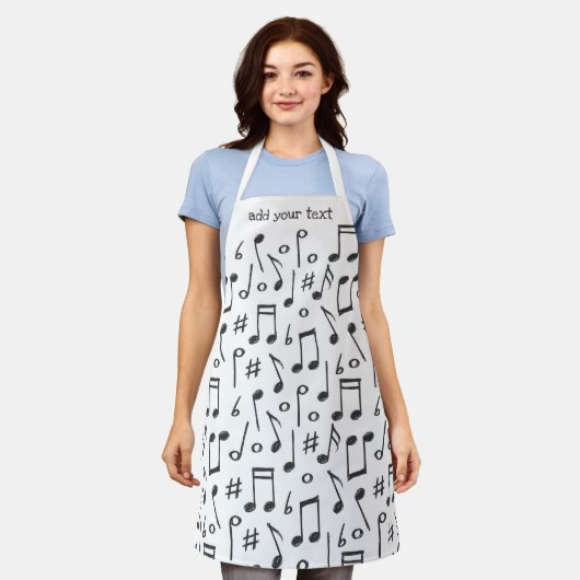 白おもしろい黒音楽の音符パターン エプロン (着用した状態)