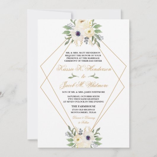 白およびモダン金ゴールド幾何学的フローラ招待状 招待状 (正面)