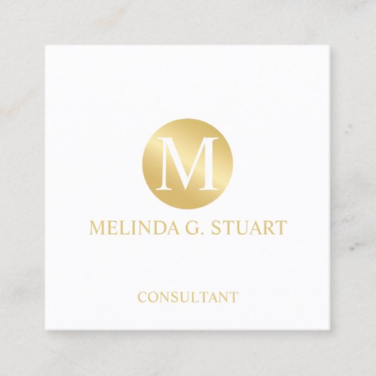 白および金ゴールドのエレガントなモノグラム スクエア名刺 (正面)