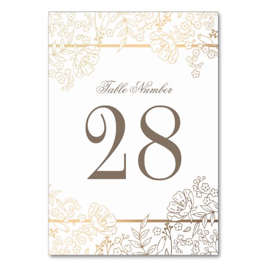 白および金ゴールドのヴィンテージの花フレームの結婚式 テーブルナンバー (正面)
