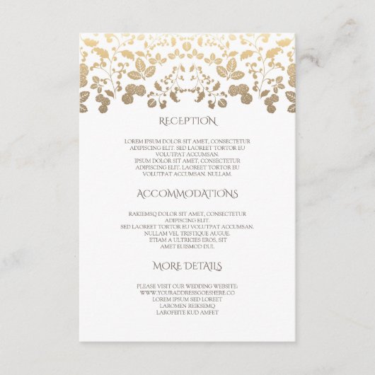 白および金ゴールドの花の結婚式の詳細情報 エンクロージャーカード (正面)