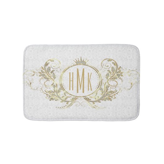 白および金ゴールドグリッターガーリーフローラ枠 バスマット (正面)