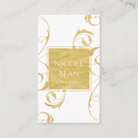 白および金ゴールドフェイクフローラ旋回エレガント 名刺 (正面)