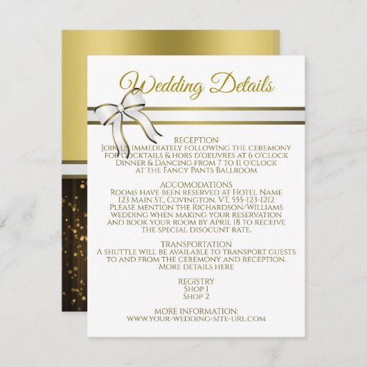 白および金ゴールドリボン結婚の詳細エンクロージャ エンクロージャーカード (正面/裏面)