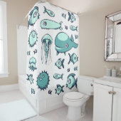 白および青及びティール（緑がかった色）の魚のスケッチのシャワー・カーテン シャワーカーテン (インサイチュ)