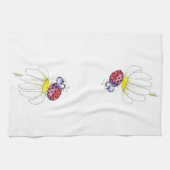 白お洒落い花がキュートな赤いテントウムシ キッチンタオル (横)