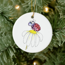 白お洒落い花がキュートな赤いテントウムシ セラミックオーナメント