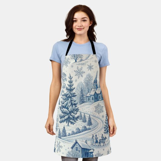 白お洒落と青のクリスマスの冬のシーン エプロン (着用した状態)