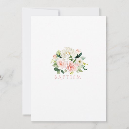 白お洒落ピンクフローラホワイトクロスバプテスマ 招待状 (裏面)