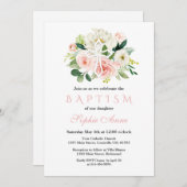 白お洒落ピンクフローラホワイトクロスバプテスマ 招待状 (正面/裏面)