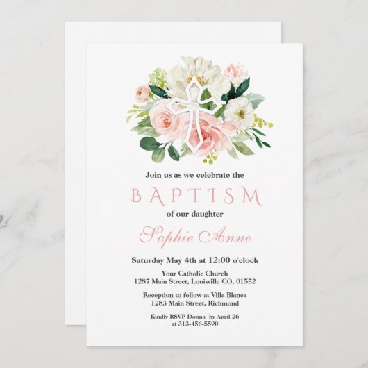 白お洒落ピンクフローラホワイトクロスバプテスマ 招待状 (正面/裏面)