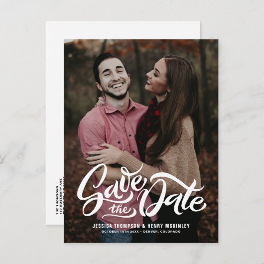 白お洒落手文字フォトオーバーレイフローラ 案内ポストカード (正面/裏面)