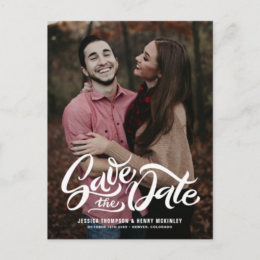 白お洒落手文字フォトオーバーレイフローラ 案内ポストカード (正面)