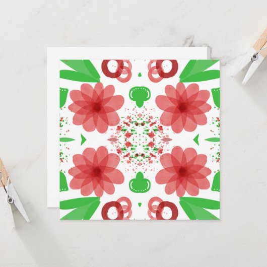 白お洒落絵に赤い離れ花が緑 カード (正面/裏面インサイチュ)