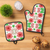 白お洒落絵に赤い離れ花が緑 鍋つかみ&鍋敷きセット (トップダウン)