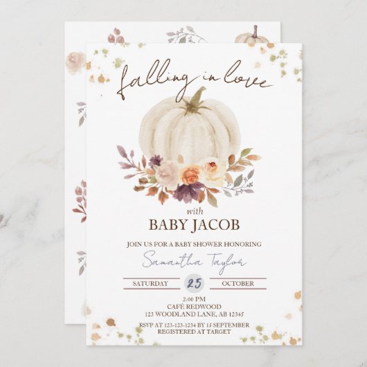 白かぼちゃの赤ちゃんシャワー、恋に落ちる 招待状 (正面/裏面)