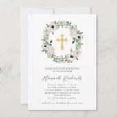 白かわいらしい花と緑葉の花 |バプテスマ 招待状 (正面)
