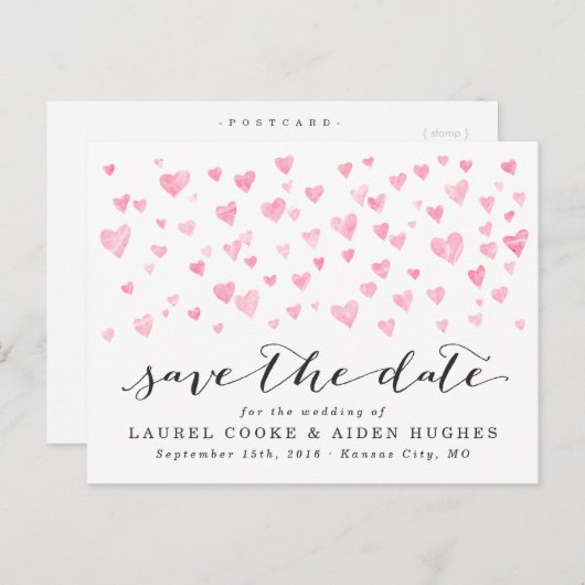 白かわいらしとピンクのハート日付を保存 案内ポストカード (正面/裏面)