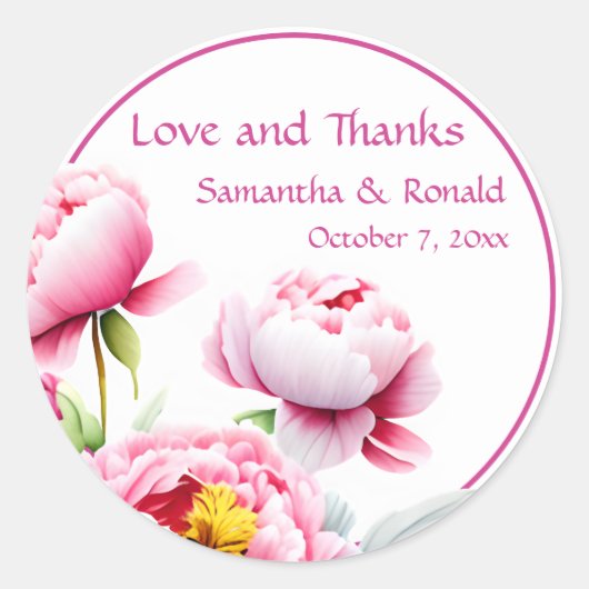 白かわいらしの上にピンクの牡丹結婚 ラウンドシール (正面)