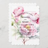 白かわいらしの上にピンクの牡丹結婚 招待状 (正面/裏面)