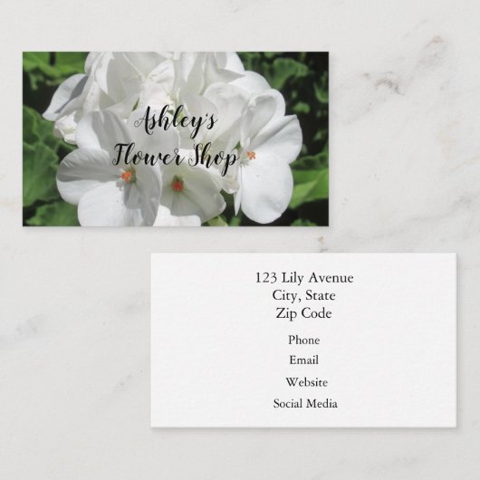 白かわいらしゼラニウム花写真 名刺 (正面/裏面)