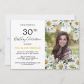 白かわいらしデイジーフローラグリーンリー写真誕生日 招待状 (正面)