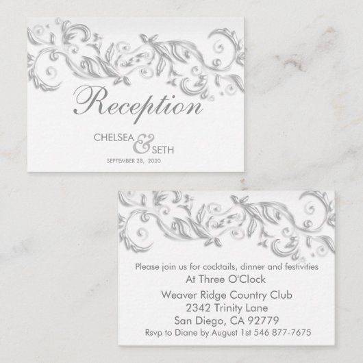 白かわいらしフローラ渦巻き旋回 – 披露宴 エンクロージャーカード (正面/裏面)