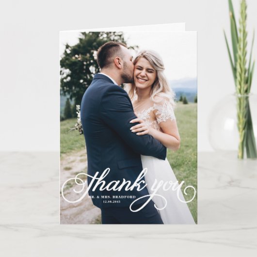 白かわいらし書モダン写結婚の サンキューカード (正面)