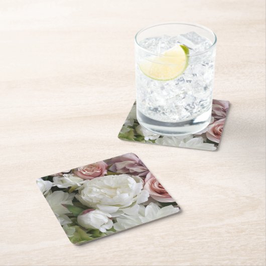 白かわいらし桃フローラ紙コースター スクエアペーパーコースター (インサイチュ)