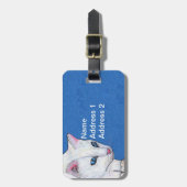 白かわいらし猫の明るいライトブルー ラゲッジタグ (正面縦)