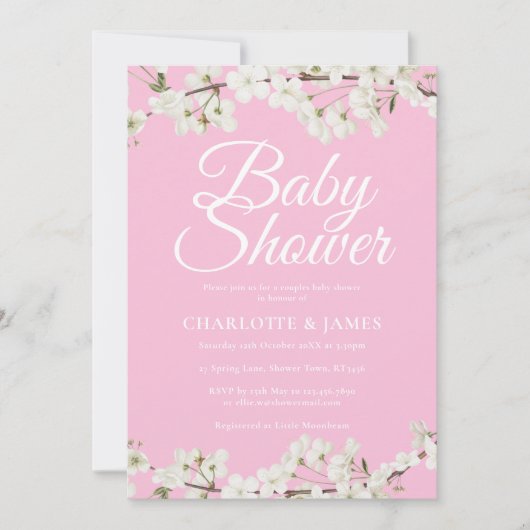 白かわいらし花カップル赤ちゃんシャワー/散水 招待状 (正面)