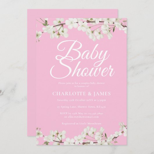 白かわいらし花カップル赤ちゃんシャワー/散水 招待状 (正面/裏面)