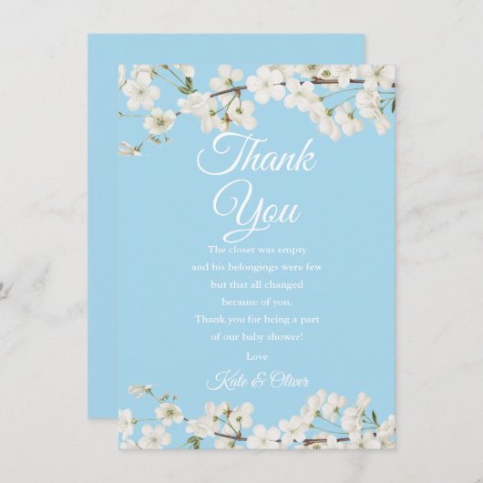 白かわいらし花赤ちゃんシャワーありがとう詩 サンキューカード (正面/裏面)