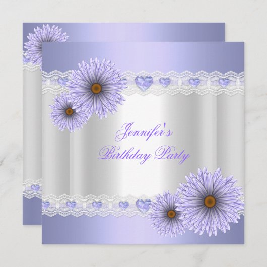 白かわいらし薄紫誕生日パーティー花任意の年齢 招待状 (正面/裏面)