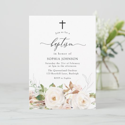 白かわいらし赤面水色フローラガールズバプテスマ 招待状 (スタンド正面)