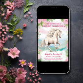 白かわいらし馬とピンクの花の誕生日 招待状