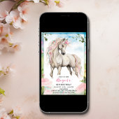 白かわいらし馬とピンクの花の誕生日 招待状