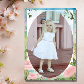 白かわいらし馬とピンクの花フォト誕生日 招待状