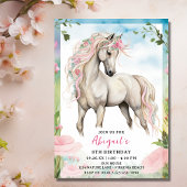 白かわいらし馬とピンクの花フォト誕生日 招待状