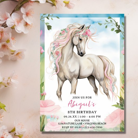 白かわいらし馬とピンクの花フォト誕生日 招待状