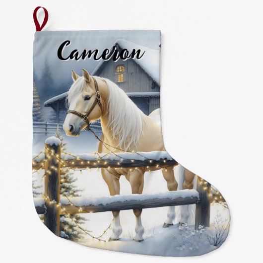 白かわいらし馬のクリパーソナライズされたスマス ラージクリスマスストッキング (正面)