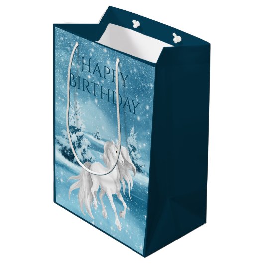白かわいらし馬オンスノーウィンターナイト誕生日 ミディアムペーパーバッグ (裏面アングル)